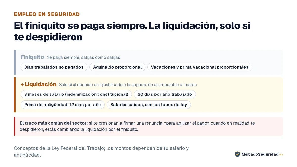 Lo que se te debe al salir, en dos bloques. El finiquito se paga siempre, salgas como salgas, e incluye los días trabajados no pagados, el aguinaldo proporcional y las vacaciones y prima vacacional proporcionales. La liquidación es todo lo anterior más cuatro conceptos, y solo procede cuando el despido es injustificado: 3 meses de salario por indemnización constitucional, 20 días por año trabajado, la prima de antigüedad de 12 días por año y los salarios caídos. Firmar una renuncia cuando en realidad te despidieron cambia la liquidación por el finiquito.
