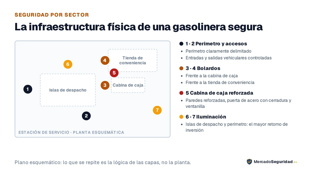 Plano esquemático de una estación de servicio con las medidas de seguridad física ubicadas. Perímetro y control de accesos: el perímetro de la estación claramente delimitado y las entradas y salidas vehiculares controladas. Bolardos de concreto o acero frente a la cabina de caja y frente a la tienda de conveniencia, para detener un vehículo lanzado contra ellas. Cabina de caja reforzada: paredes reforzadas, puerta de acero con cerradura y ventanilla, donde se maneja el efectivo. Iluminación de las islas de despacho y del perímetro, la medida con mayor retorno de inversión para una gasolinera.